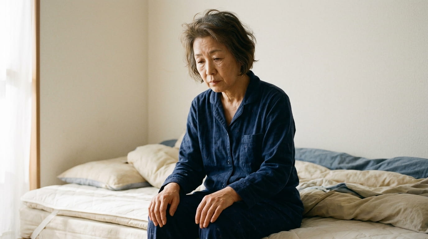 朝起きたばかりで体が重そうな様子の60代女性