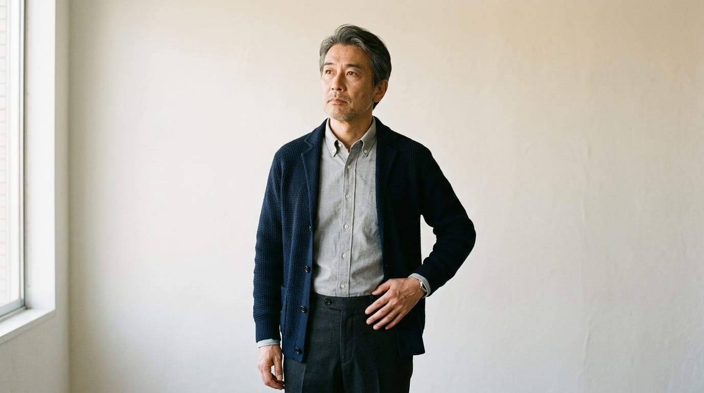 腰の脇に手を当てて痛み方を気にしている50代の日本人男性