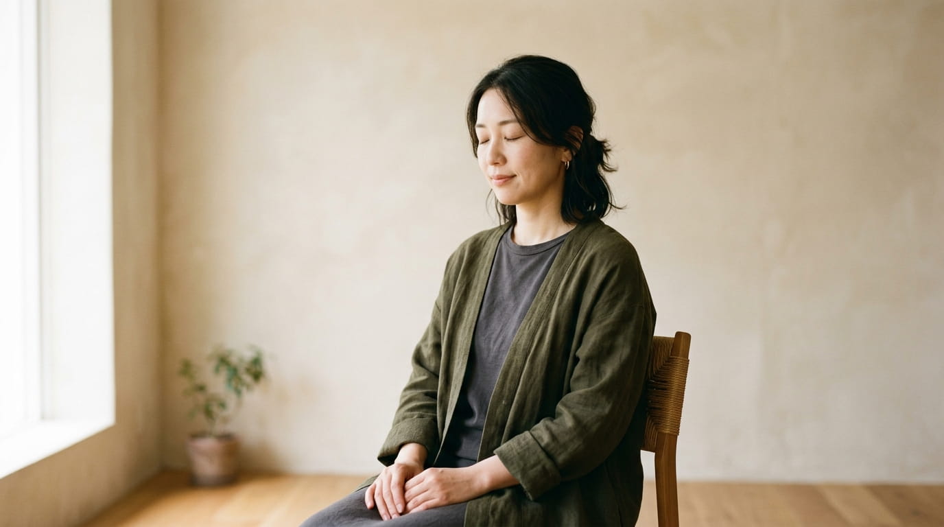 目を閉じて静かに座り、落ち着いて休んでいる30代の日本人女性