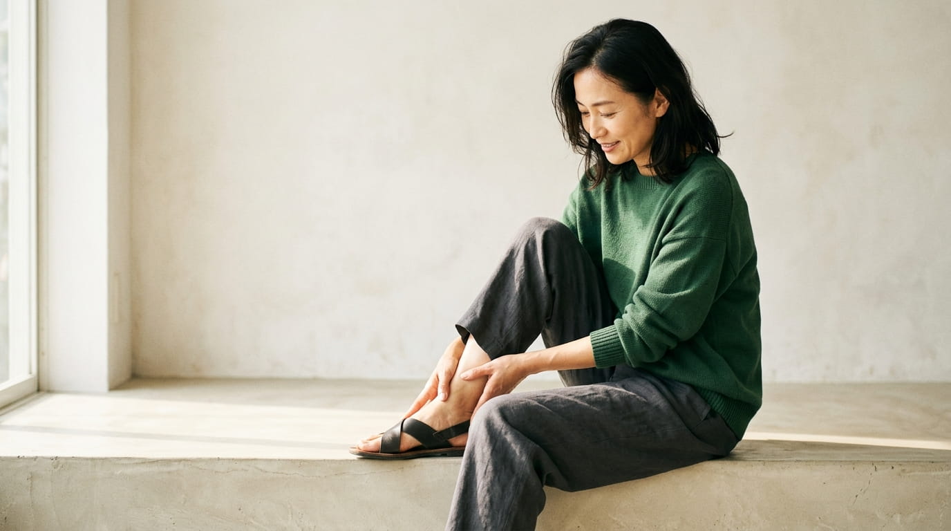 座ってリラックスしながら足首にやさしく手を添える40代の日本人女性