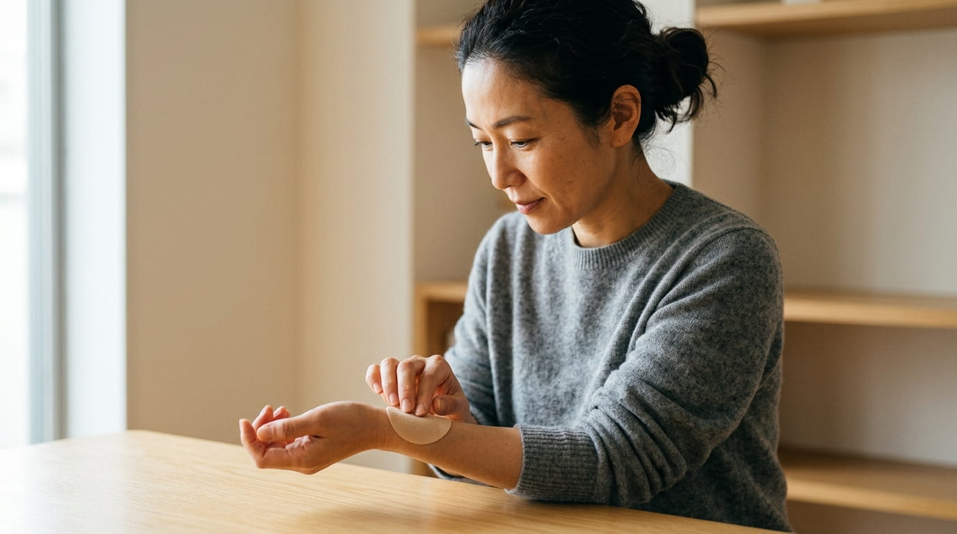 手首に湿布を丁寧に貼っている40代の日本人女性