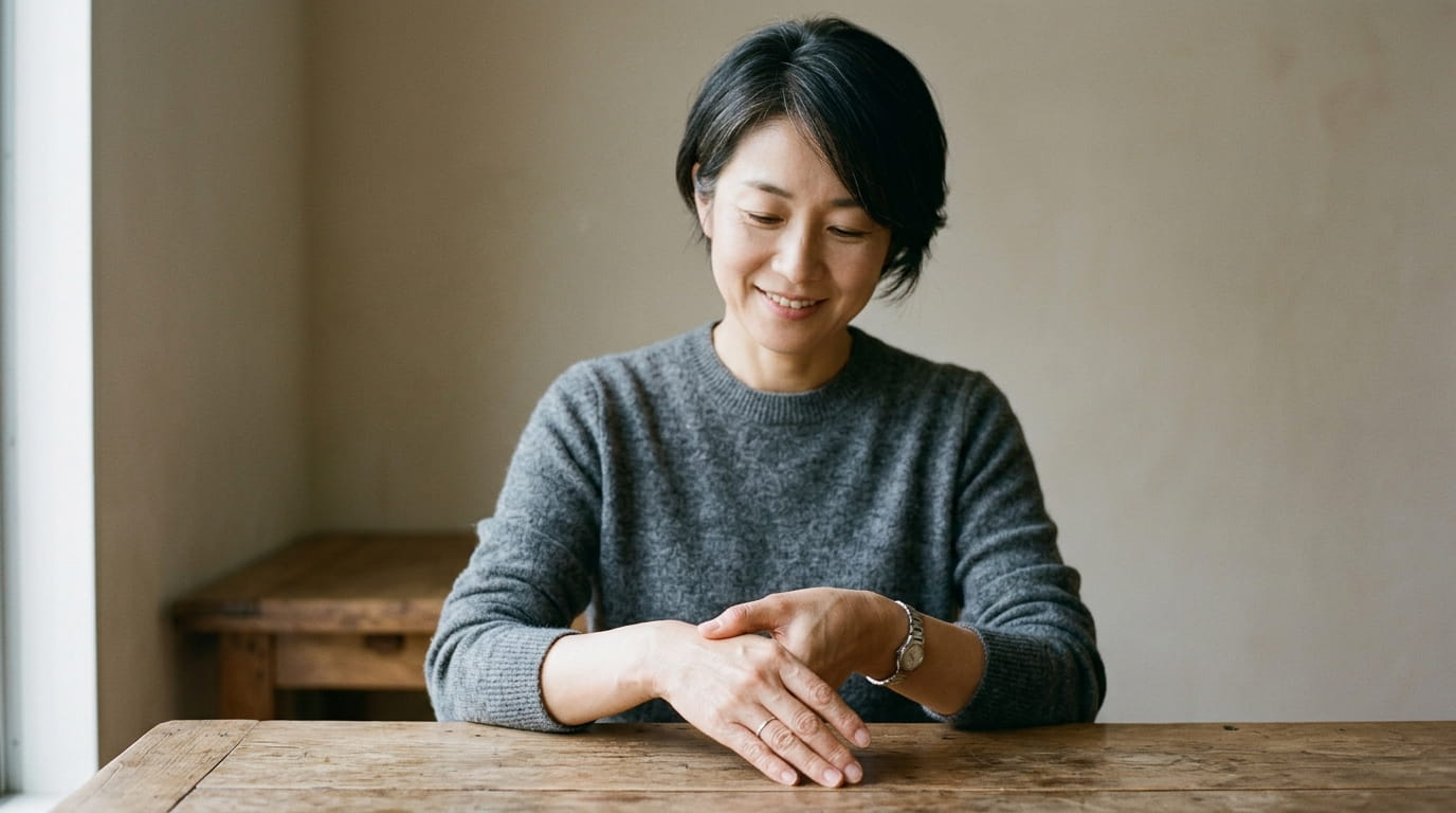落ち着いた表情で、手の甲を親指でやさしく押している40代の女性