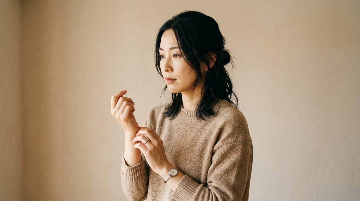 考えるような表情で手首にそっと触れている30代の日本人女性