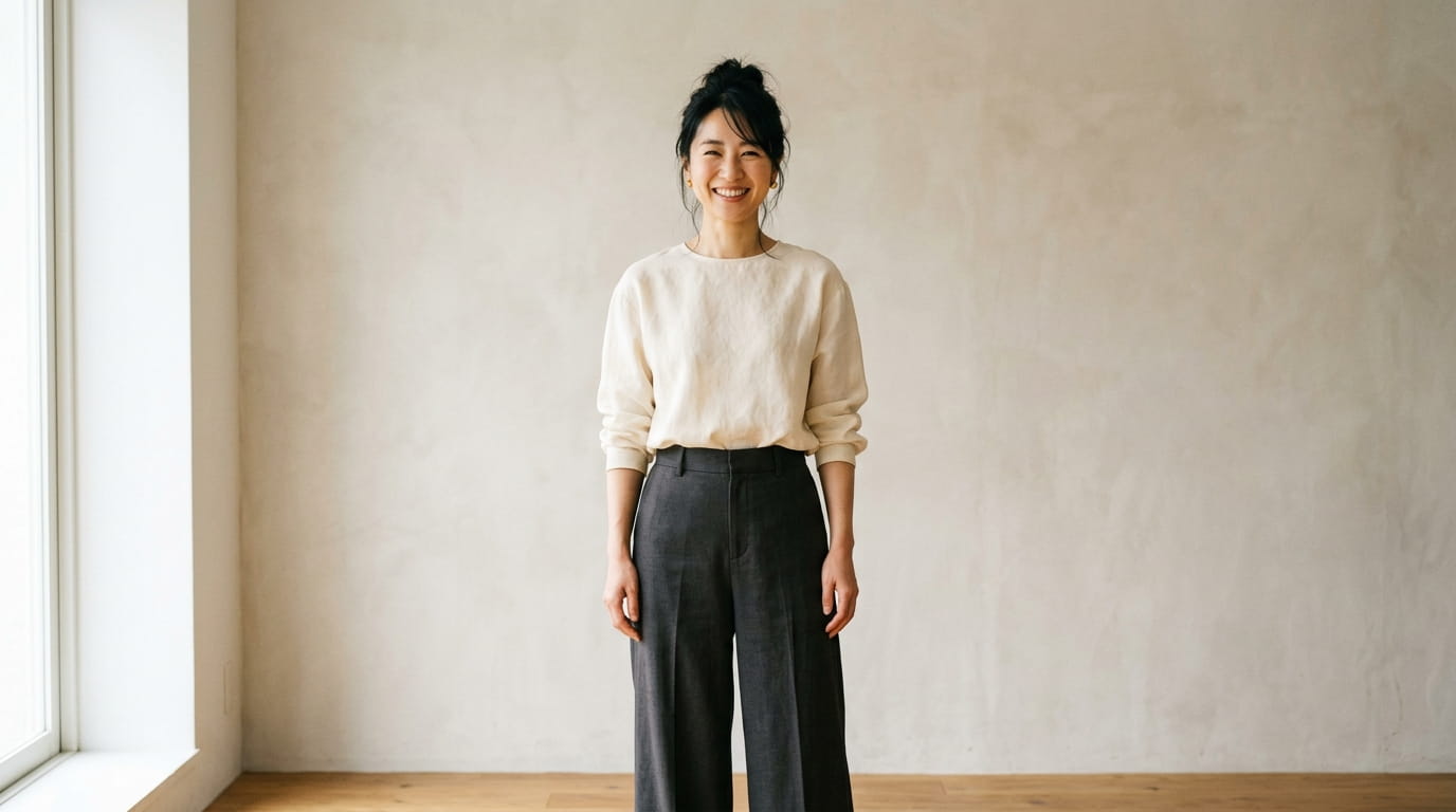 背すじを伸ばして立ち、すっきりと晴れやかな表情を見せる30代の日本人女性