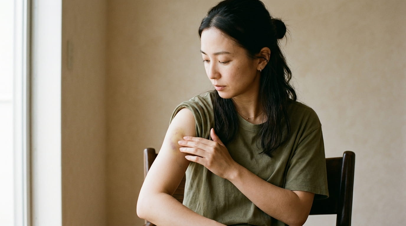 二の腕にできた赤紫色のあざにそっと手を当てる30代の女性