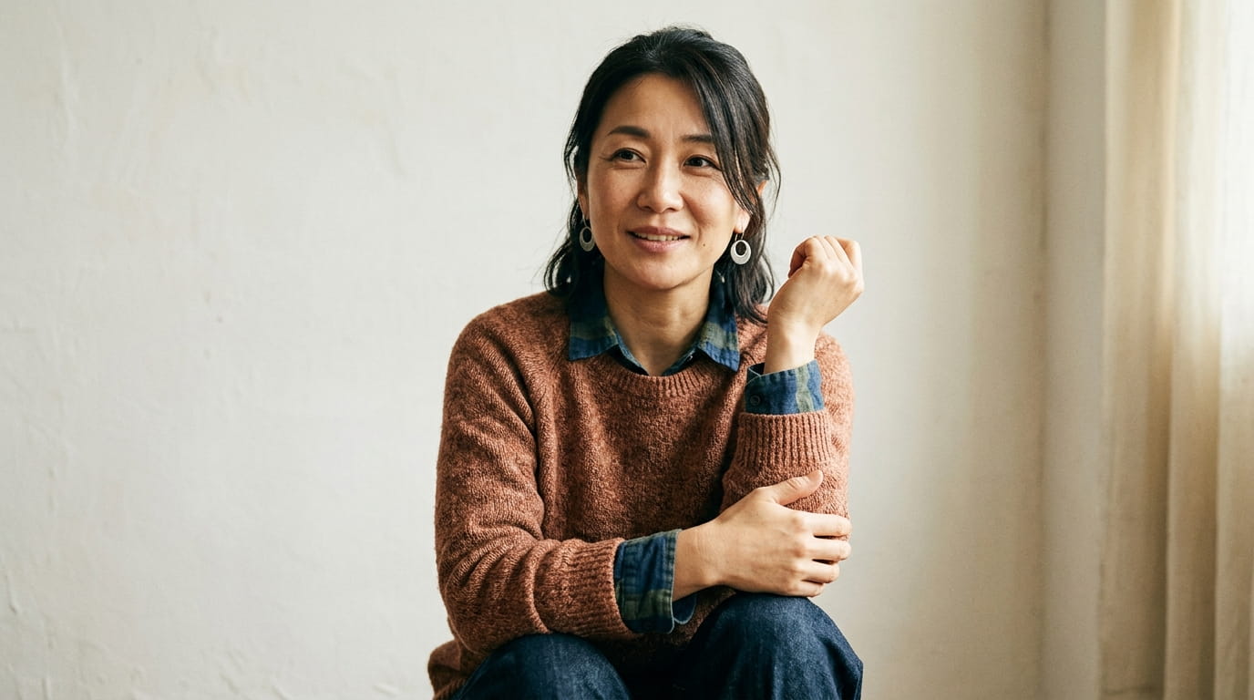 前腕に軽く手を添えてほっとした表情を見せる40代の日本人女性