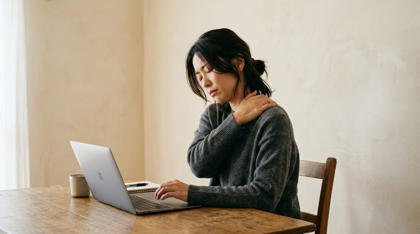 ノートパソコンを使いながら疲れた表情で肩に手を当てる30代の日本人女性