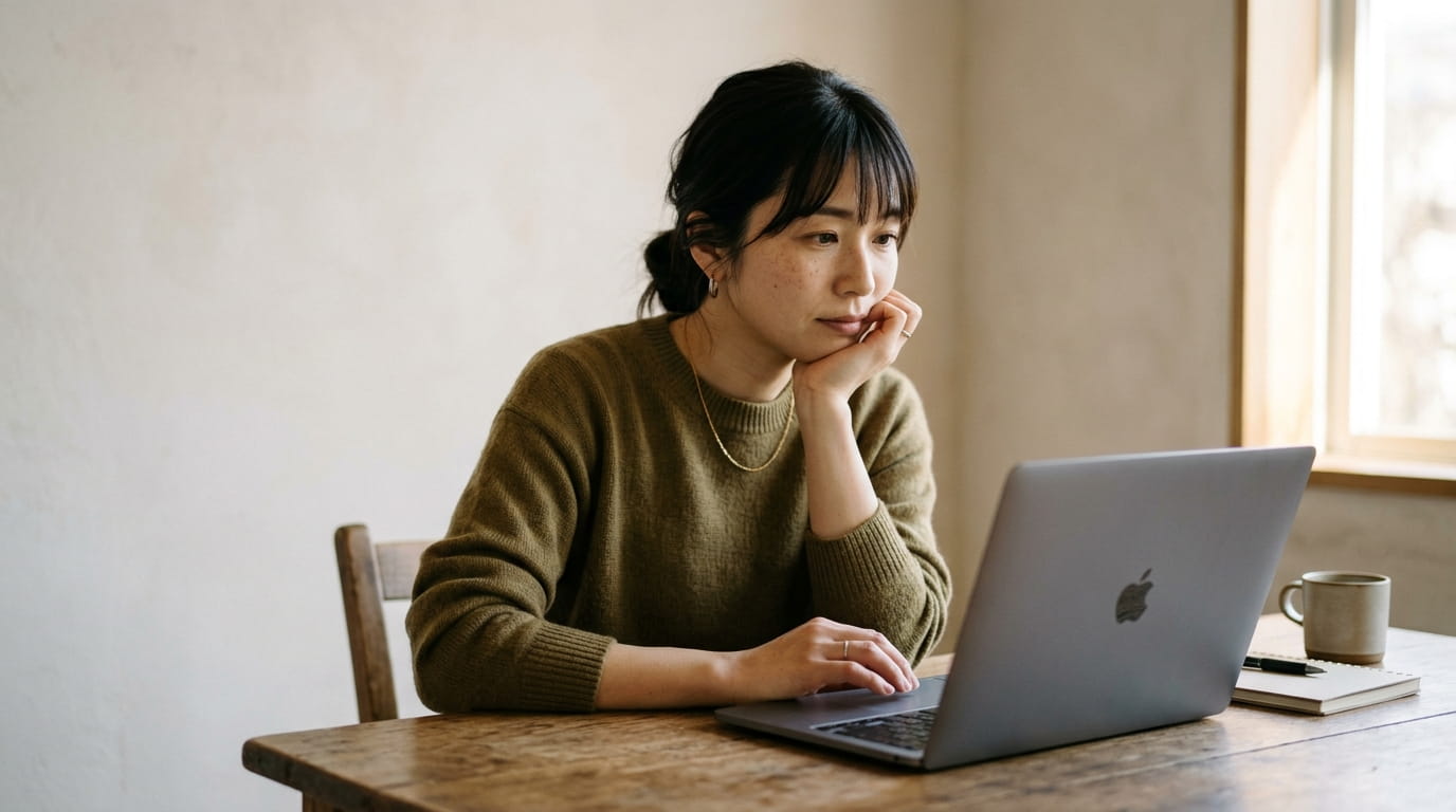 左手で頬杖をつきながらノートパソコンを見つめる30代の日本人女性