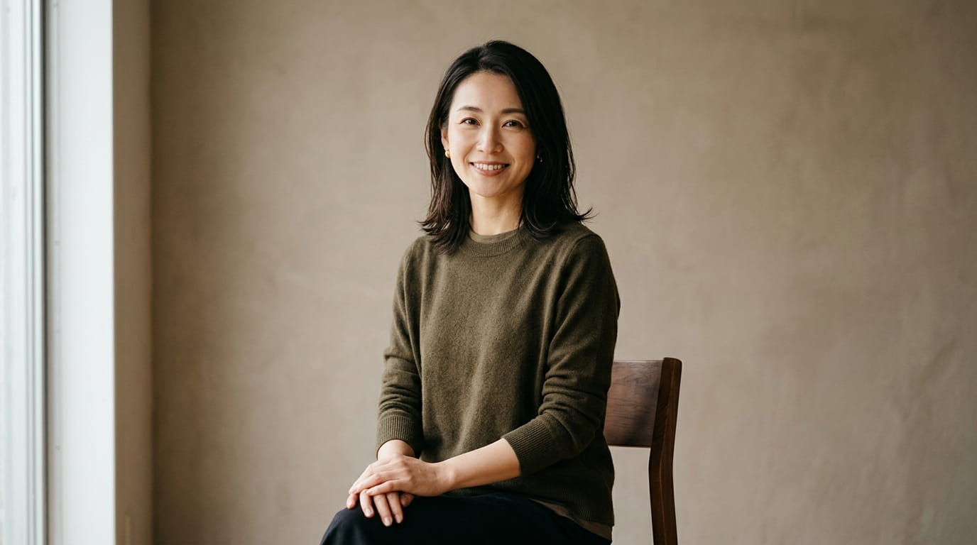 肩の力が抜けた姿勢で穏やかに微笑む30代の日本人女性