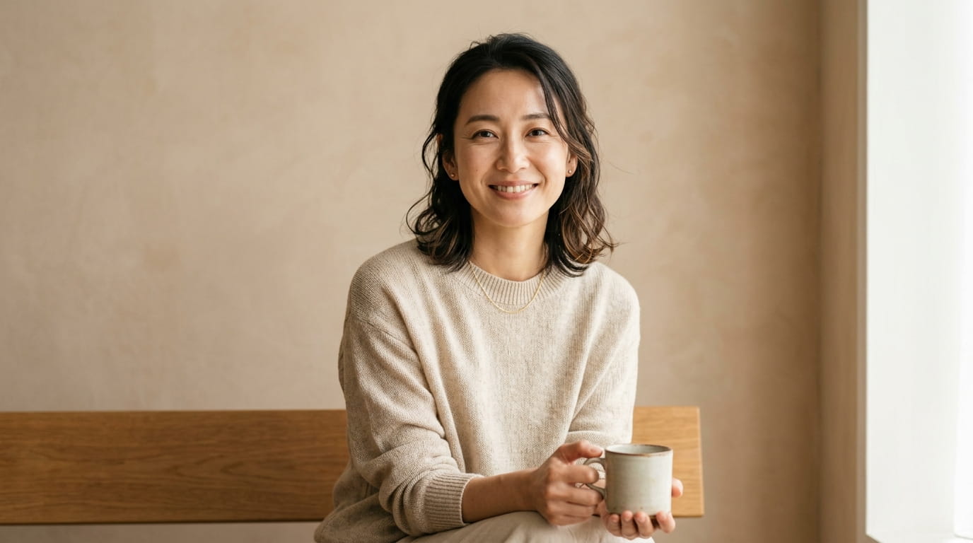 しっかり休めて穏やかな表情をしている30代女性
