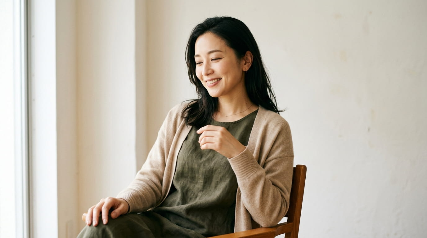 肩の力が抜けてほっとした表情を見せる30代の日本人女性