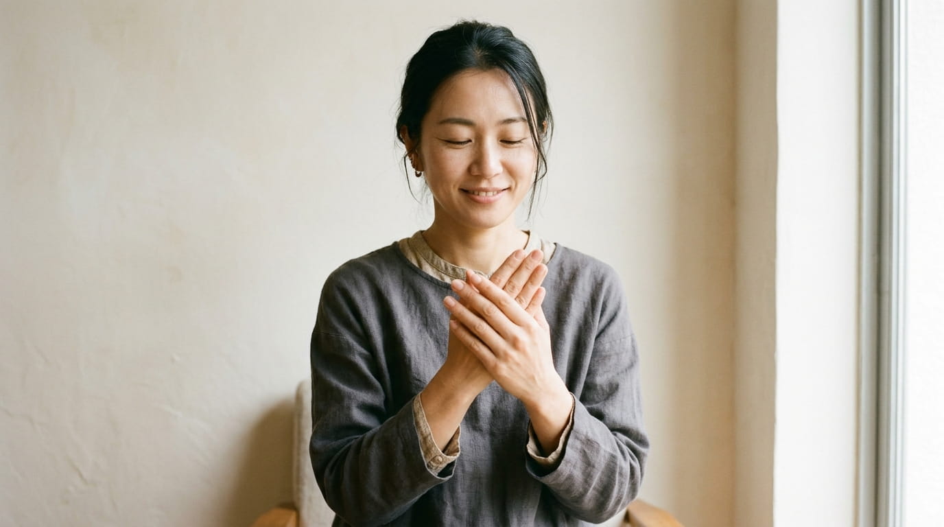 リラックスした表情で両手をやさしくさすっている30代の女性