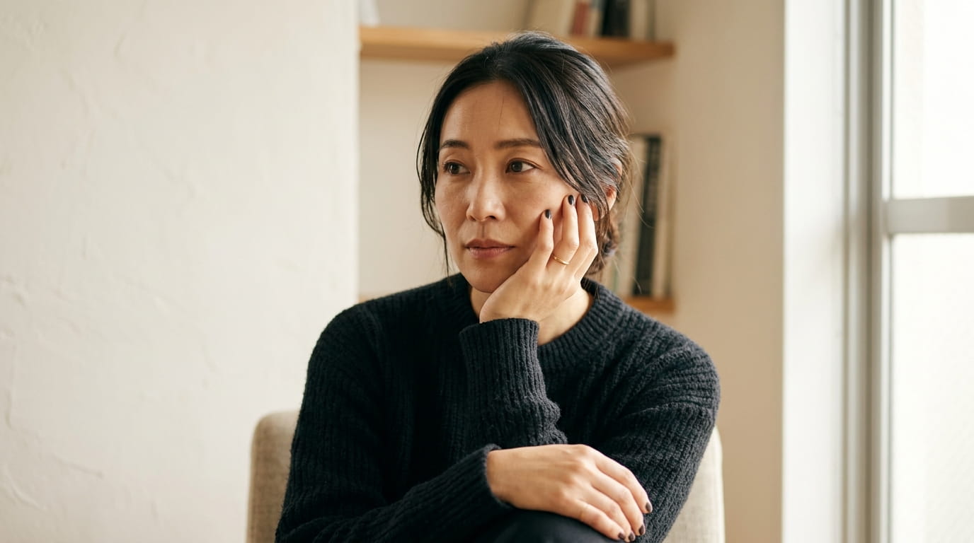 頬に指先を添えて考えごとをしている30代の日本人女性