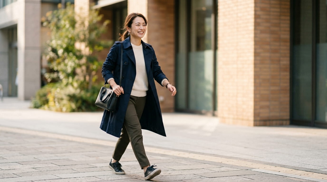 シンプルな背景の前で、笑顔を浮かべながら軽やかに歩く30代の日本人女性