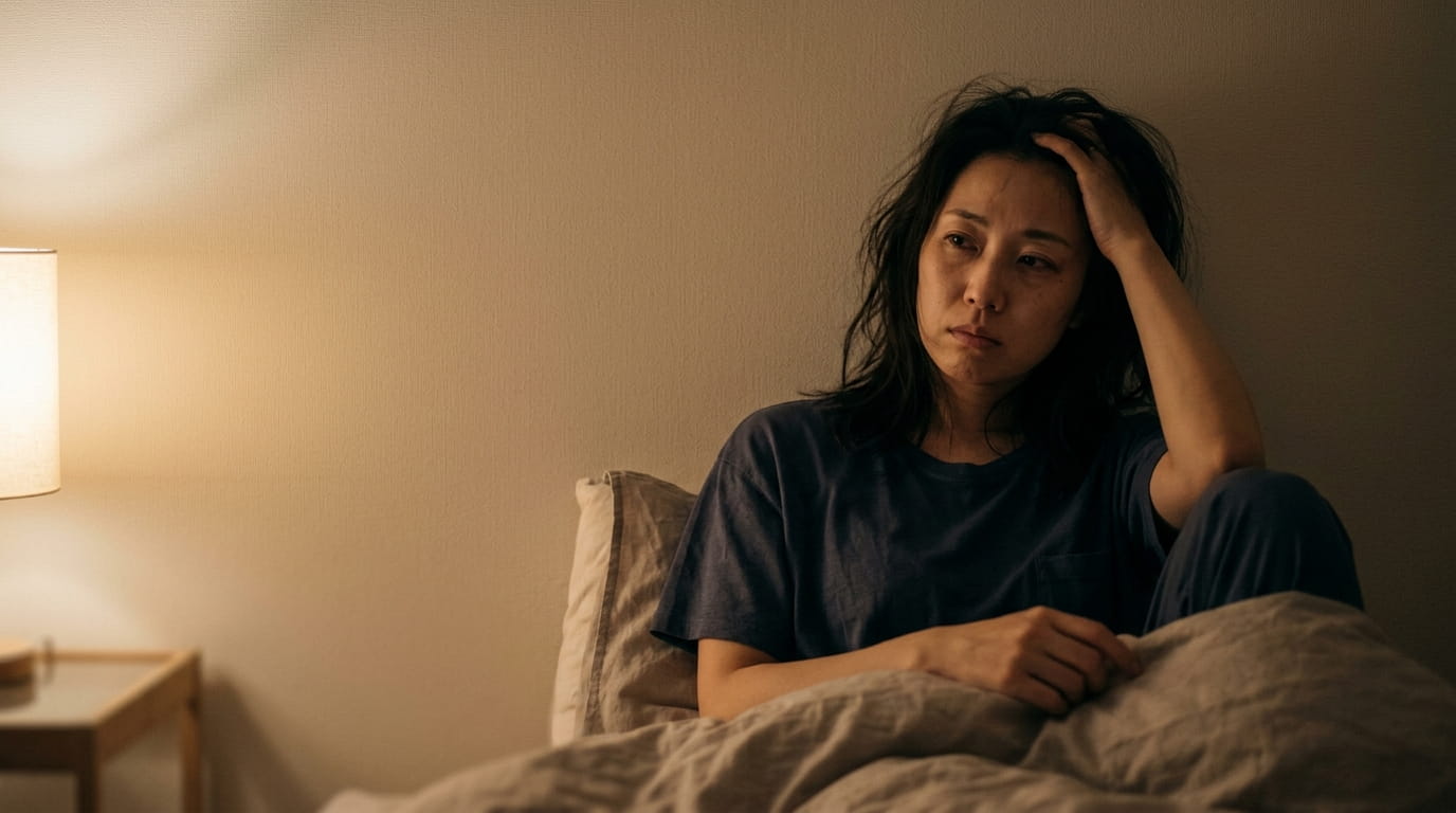 夜に眠れず落ち着かない様子の30代女性