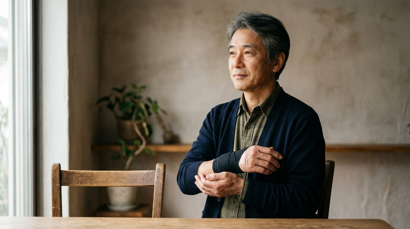 落ち着いた表情で痛む手首を休めている50代の日本人男性