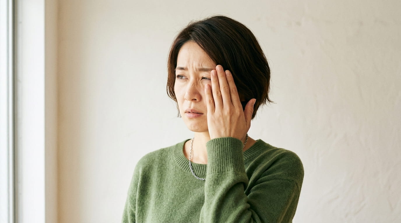 片目を手で覆い、まぶしさに戸惑うように目を細めている30代の日本人女性