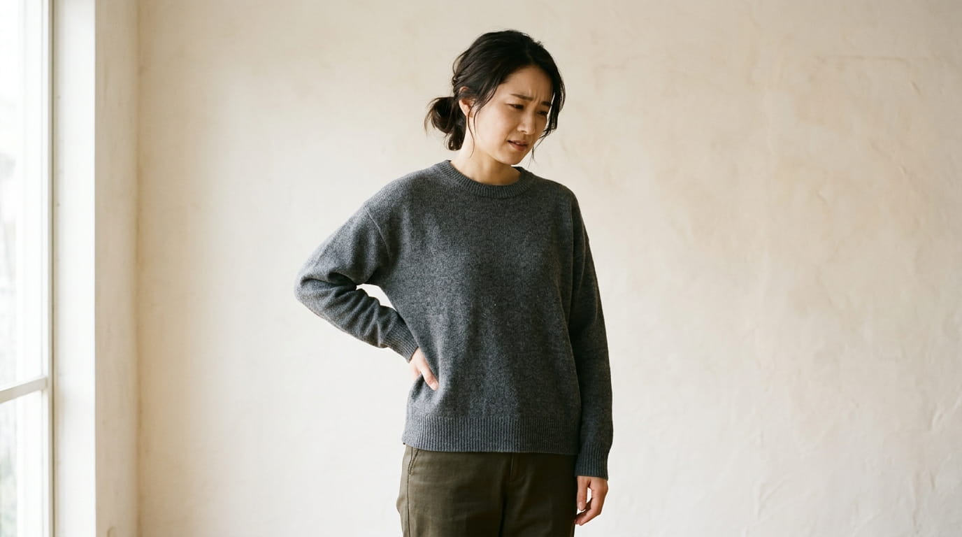 腰のあたりに手を当て、体のこわばりを気にしている30代の日本人女性