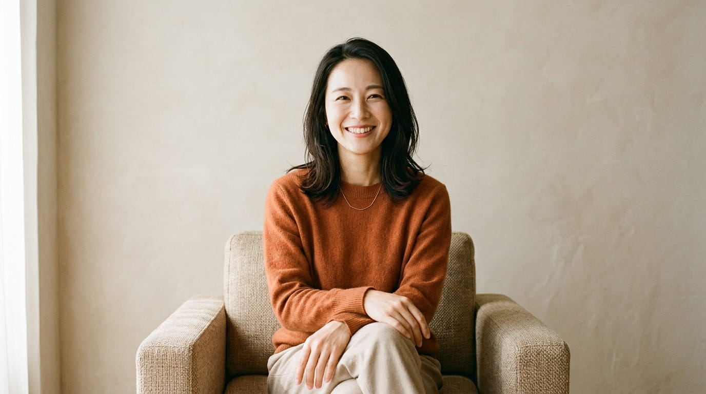 背すじを伸ばして座り、リラックスした表情で微笑む30代の日本人女性