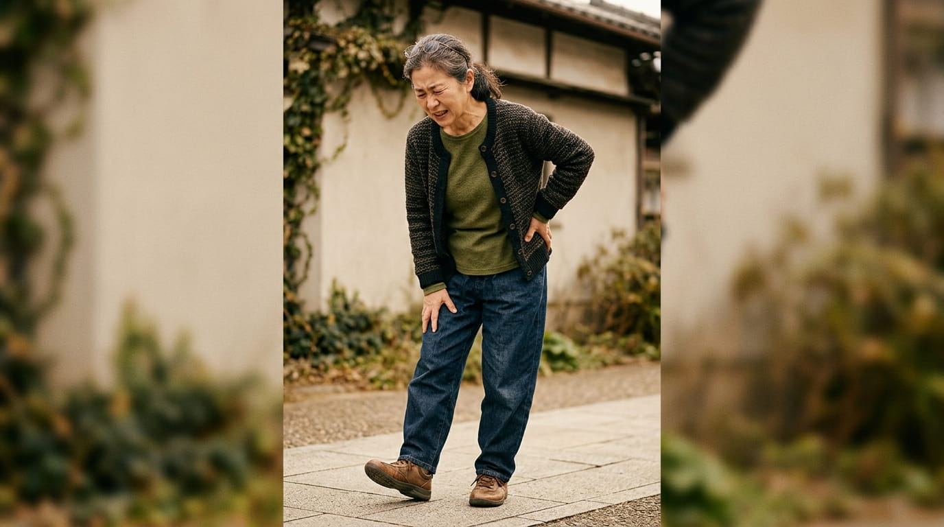 片足に体重をかけないようにしながら、痛そうな表情で立つ50代の日本人女性