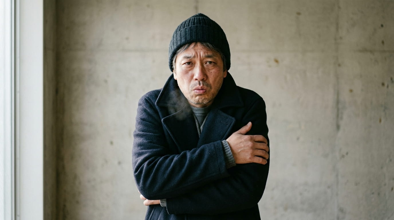 寒さで体をこわばらせ、腕を組むようにしている40代男性