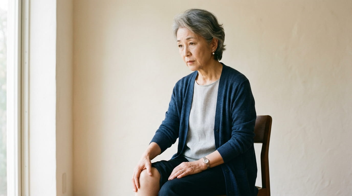 膝の横に手を添えて、痛む場所を確かめるように考え込む60代の日本人女性