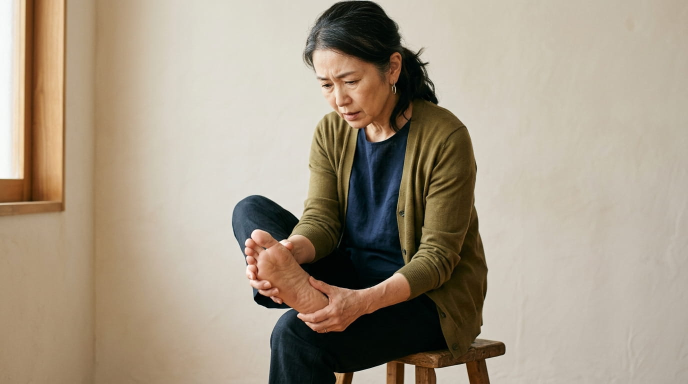 座って足の裏を確かめながら心配そうな表情を浮かべる50代の日本人女性