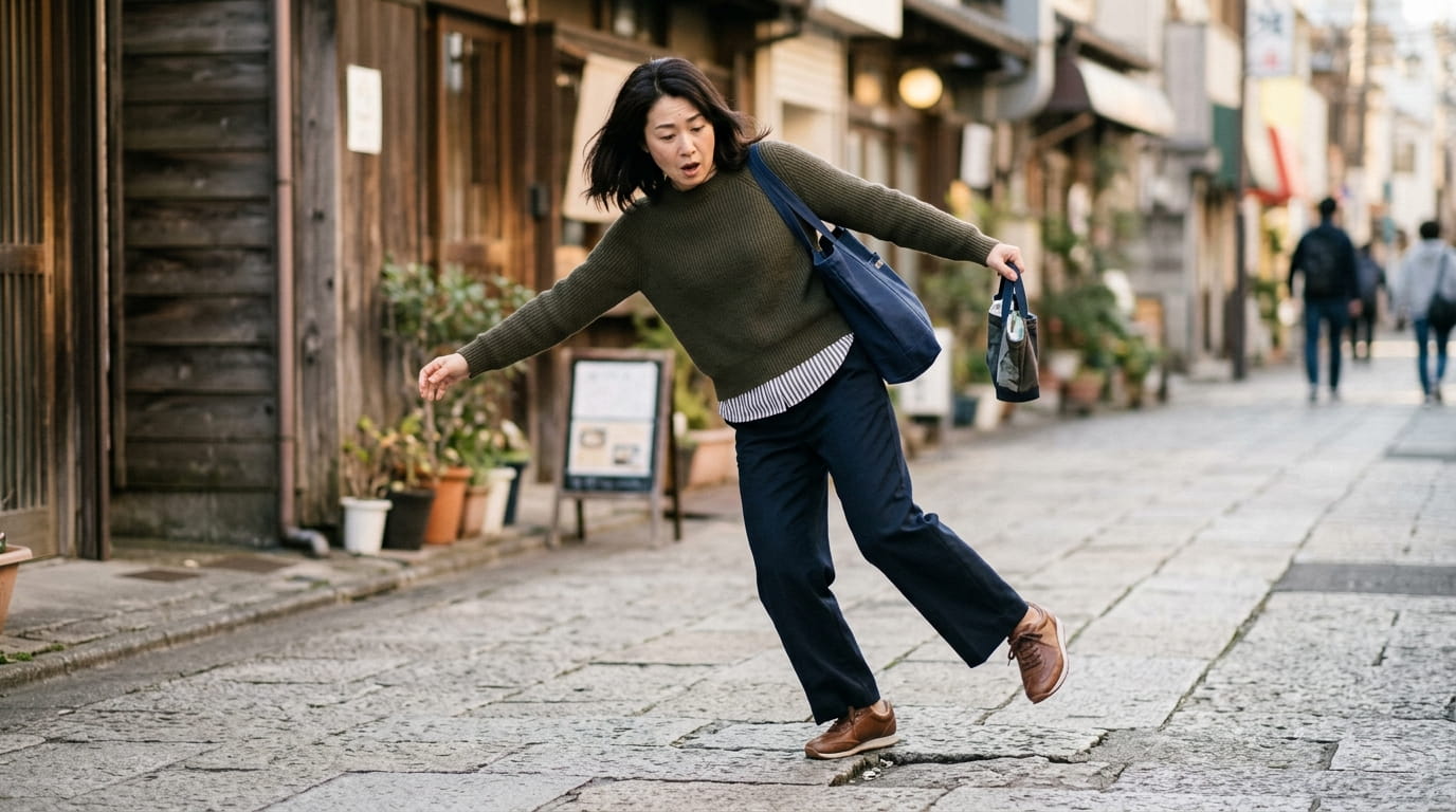 歩いている途中でつまずきそうになり、足元を気にする40代の日本人女性