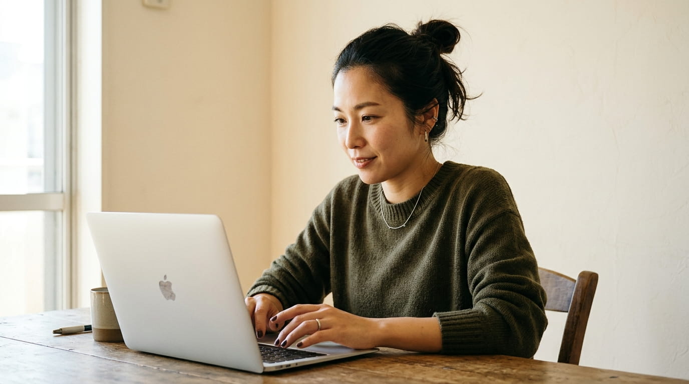 右肩が少し上がった姿勢でノートパソコンを操作する30代の日本人女性