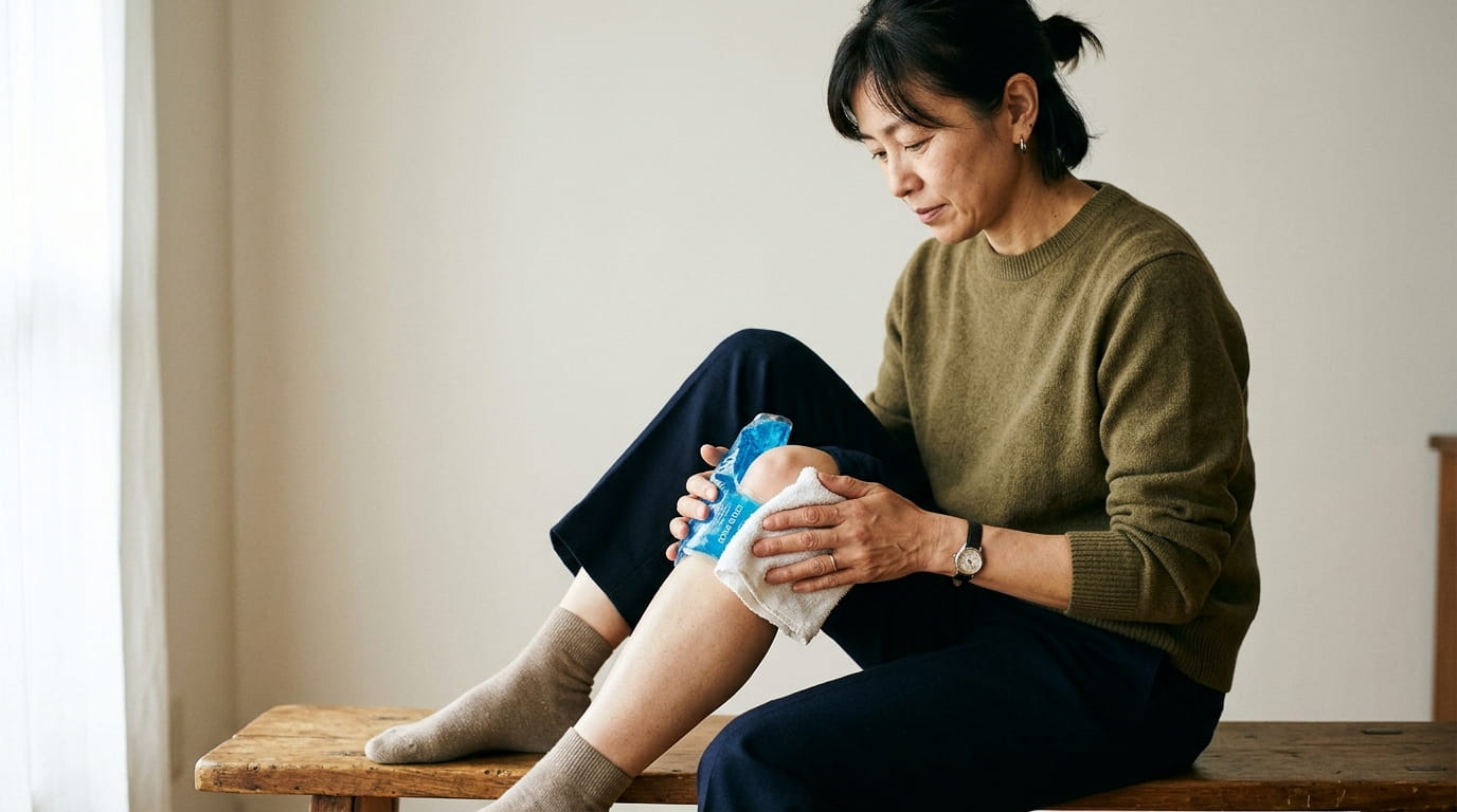 ぶつけた膝に保冷剤を当てて冷やしている40代の女性