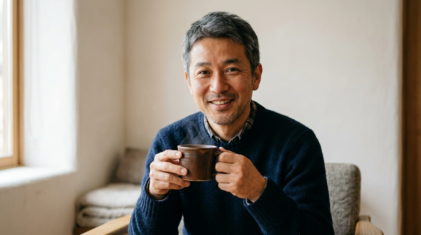 温かいカップを手に穏やかな表情でくつろぐ40代男性