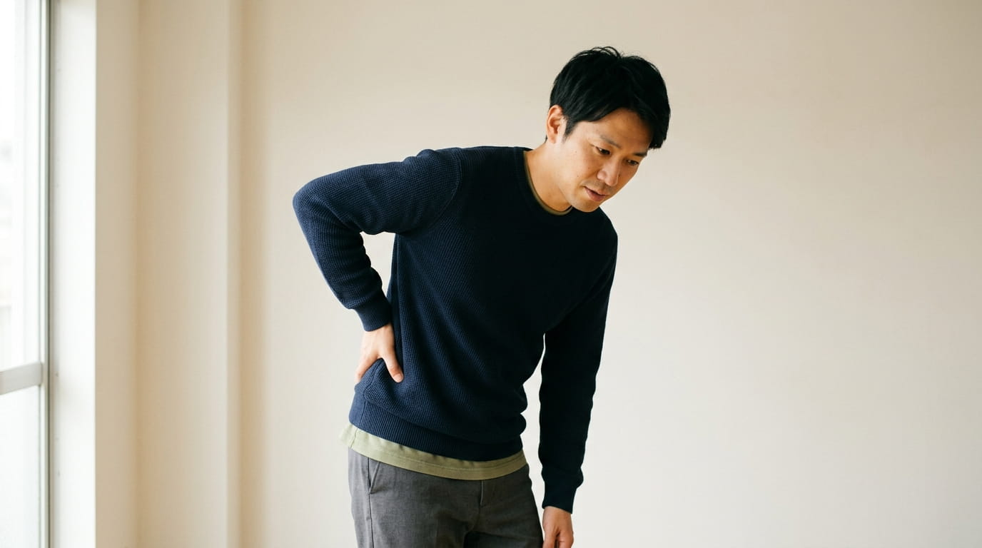 腰に手を当てて不思議そうな表情をしている30代の日本人男性