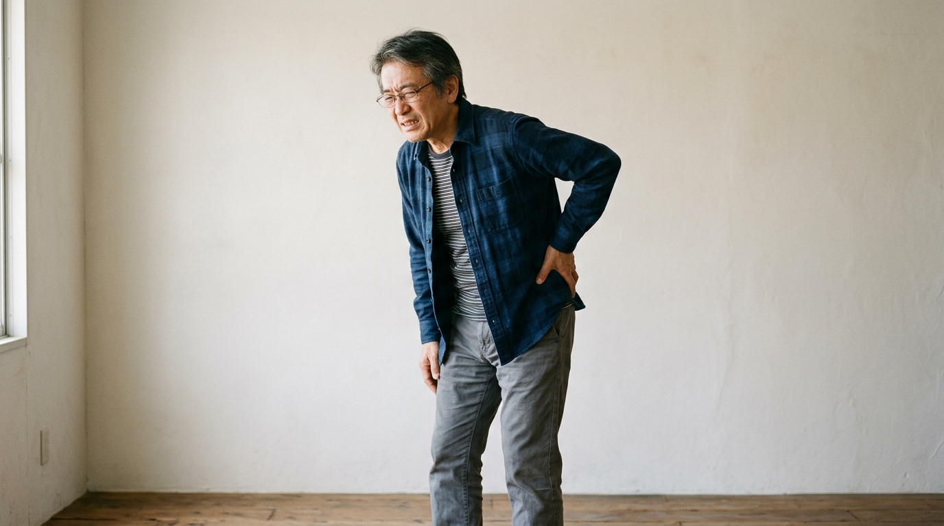 腰からお尻にかけて痛みを感じ手を当てている50代の人物